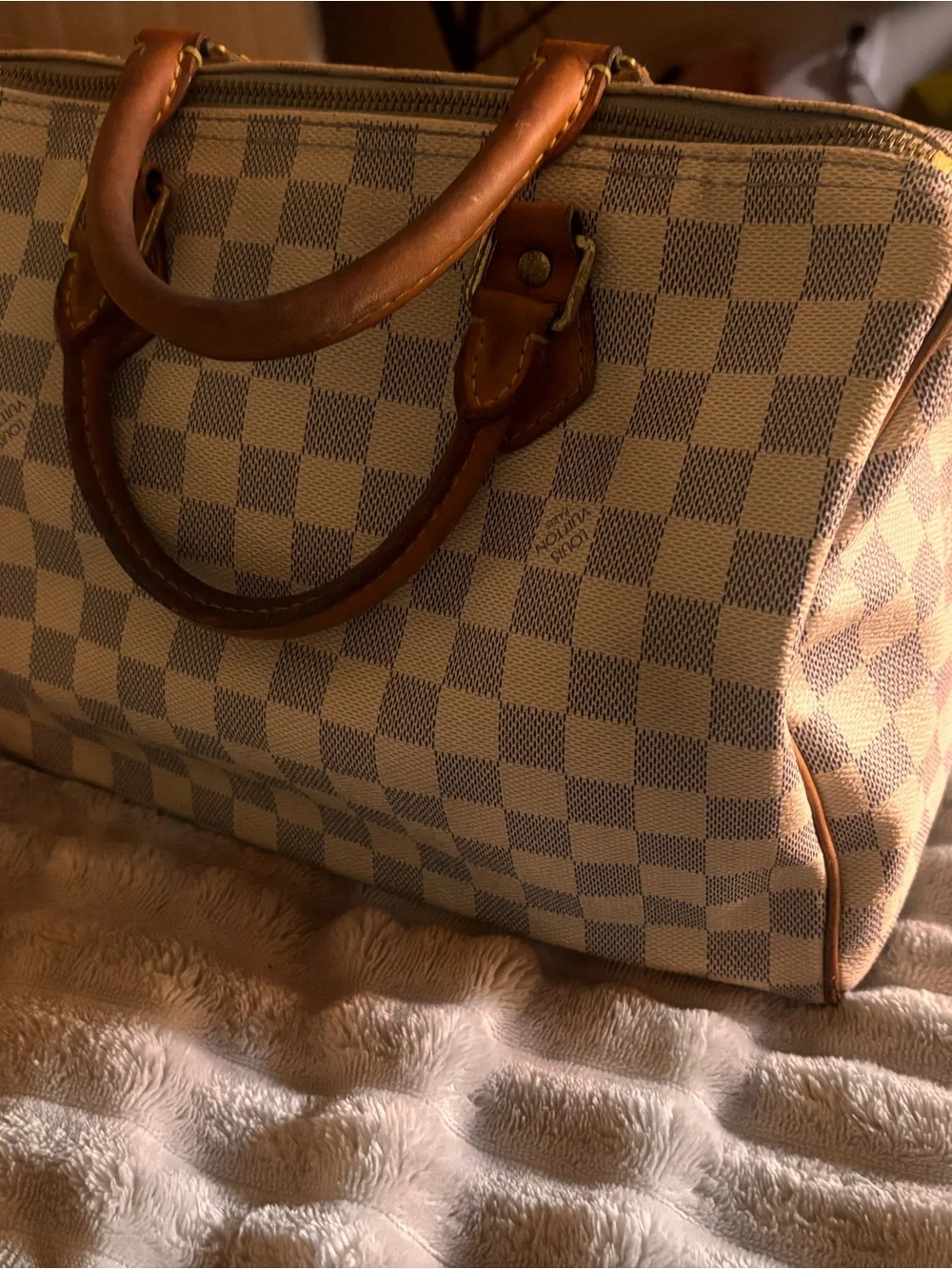 Louis Vuitton Damier Azur Canvas Satchel with Tan Leather Handles